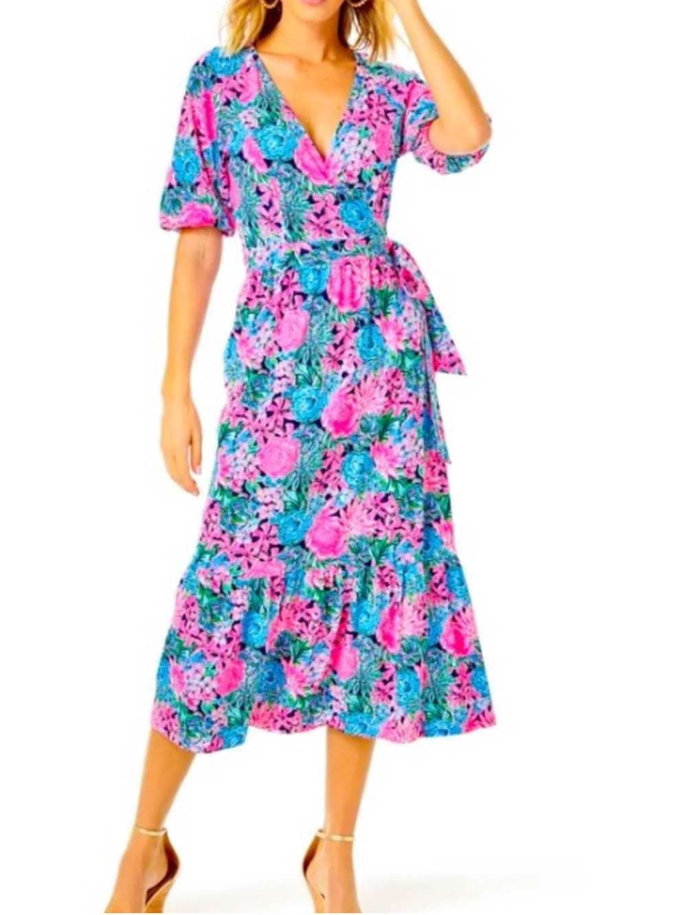 Lilly Pulitzer Sz XL Brantley Midi Wrap Dress Always Be Blooming